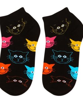 Katten sneakersokken | Zwart met gekleurde kattenkoppen
